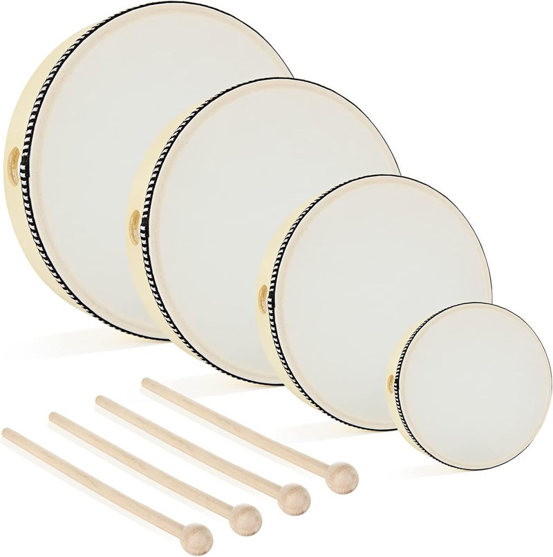 DAJAVE 4 Pack Hand Drums with Drum Stick 4Inch 6 Inch 8 Inch 10 Inch, Percussion Wood Frame Drum with 4 Sticks, Musical Instruments for Drums Beginners for Home School Party Supplies - Image 1
